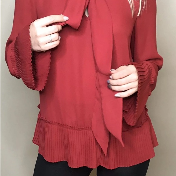 Red 🧶 Blouse With Pleated Inserts - Picture 2 of 6